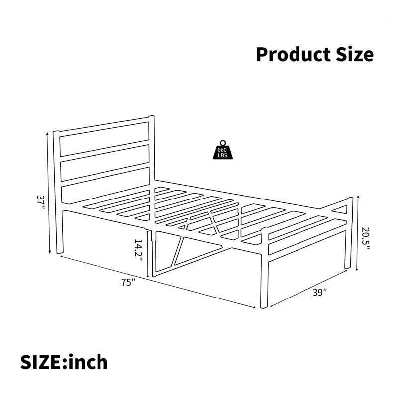 Structure de lit plateforme en métal avec tête de lit, structure en métal robuste, aucun sommier nécessaire