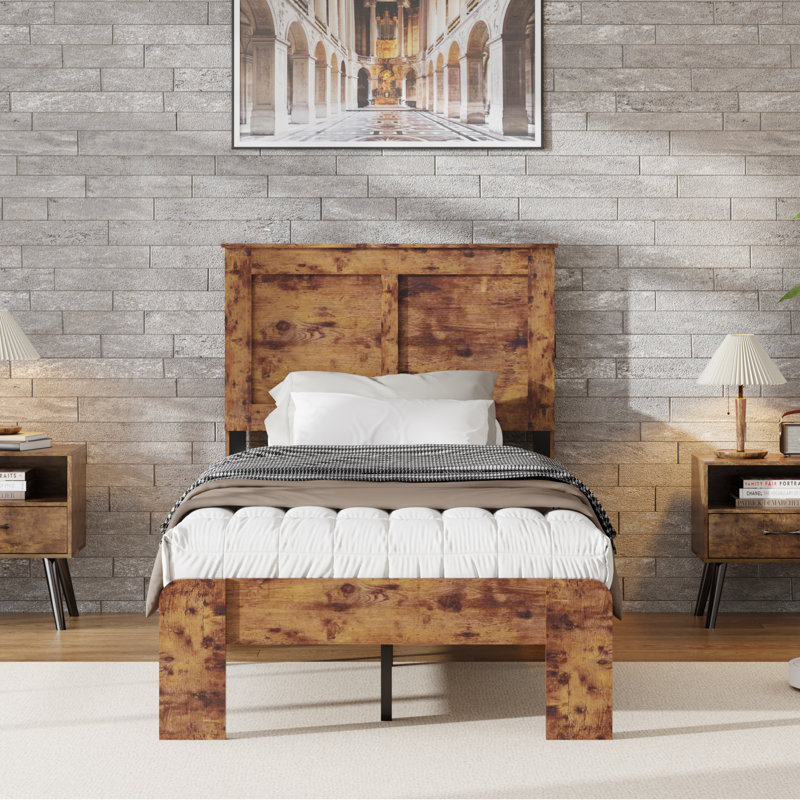 Structure de lit plateforme simple en bois avec grand rangement sous le lit, silencieux, sans sommier, facile à assembler, brun clair