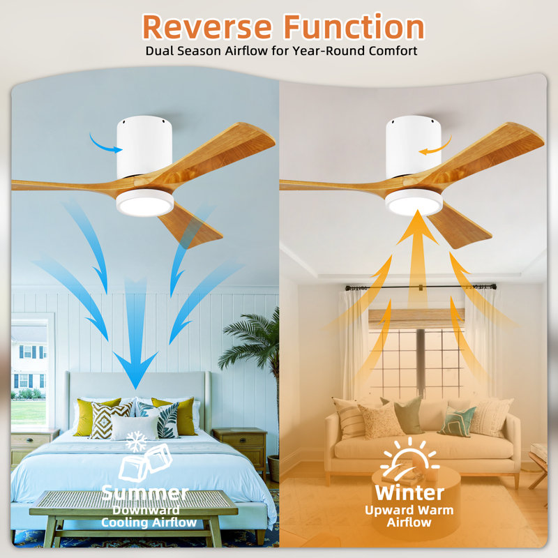 42 in. 3 - Blade Solid Wood Flush Mount Ceiling Fan with LED Light and Remote Control, Natural, White