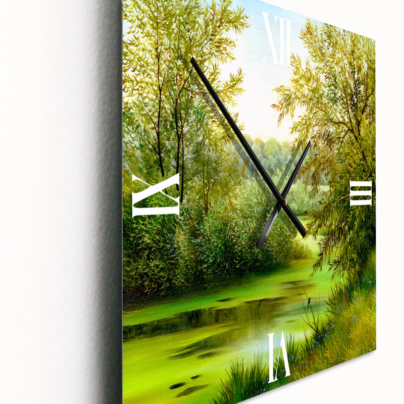 Étang vert avec arbres printaniers - Horloge murale, Très grand