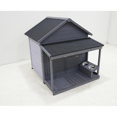 Large dog house, long 44.2" x wide 44.6" x high 44.6" Solid wood asphalt roof dog house with large terrace for large dogs, weatherproof large dog house