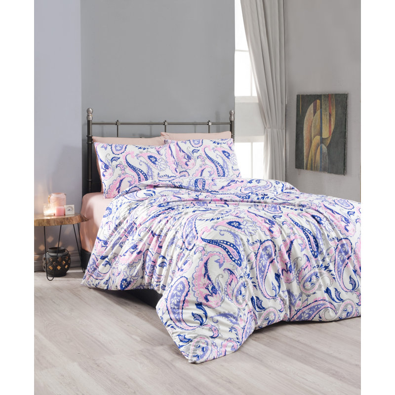 Ensemble de housse de couette simple 100% coton Ranforce, blanc / mauve / rose, housse de couette 53,1 po x 78,7 po et taie d'oreiller 31,5 po x 31,5 po | Couette 142 fils, fermeture à boutons, lavable à la machine à 30 ° C | Literie douce et élégante