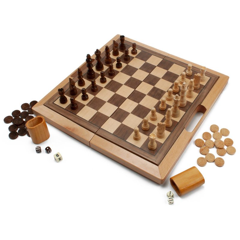 Ensemble de jeu de société d'échecs, de dames et de backgammon 3 en 1 GSE Deluxe pour enfants et adultes