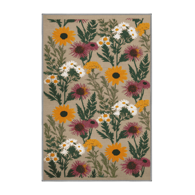 Machine Washable Botanical Gray Area Rug, Rectangle 5' x 7'