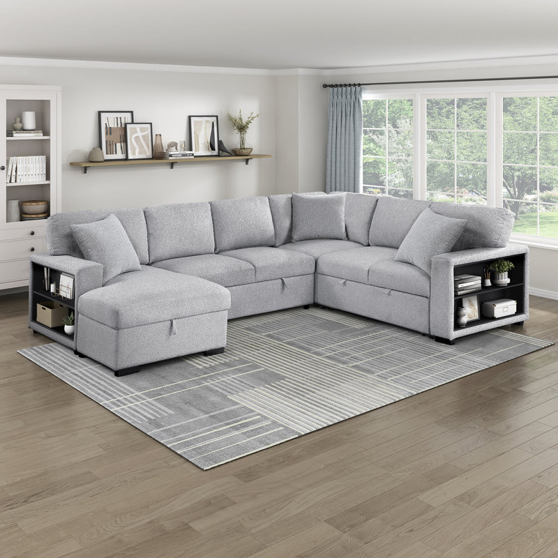 Meserve 121" Contemporary Square Arm Boucle Sectional with Pull-Out Bed, Gray Fabric, Left Hand Facing