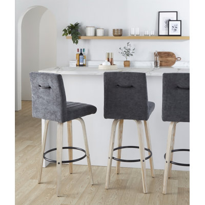 Tabouret de bar contemporain à hauteur fixe pivotant de 76 cm (30 po) en bois blanchi avec repose-pieds ronds en métal - Ensemble de 2