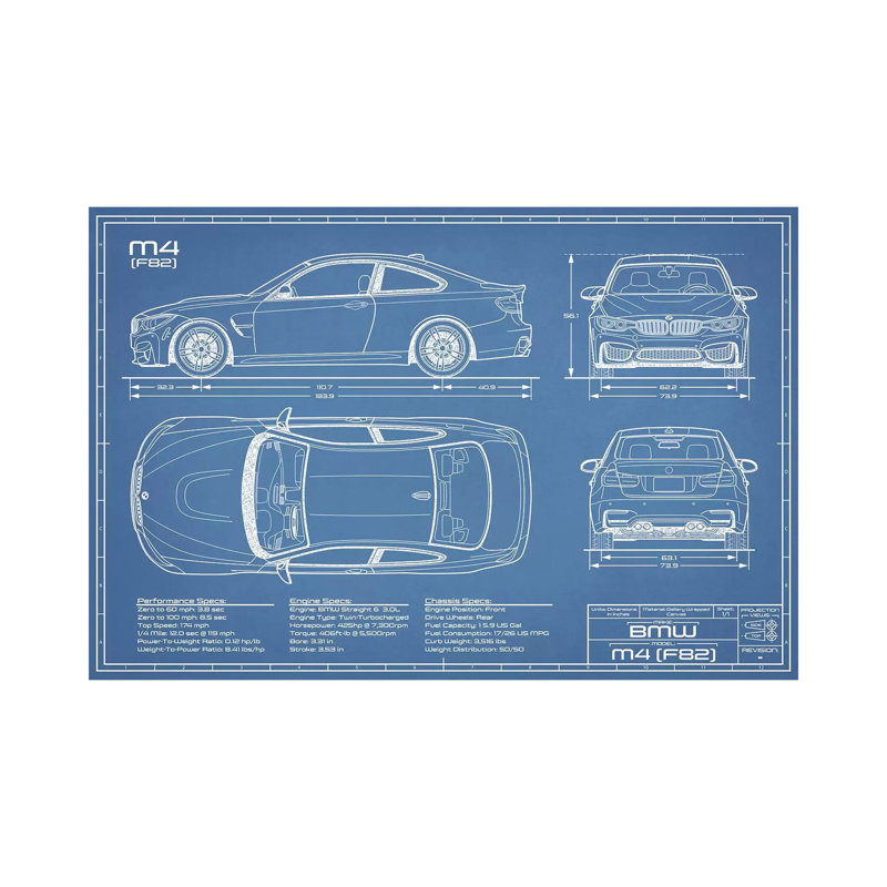 BMW M4 (F82) Blueprint by Action Blueprints - Wrapped Canvas Print, 20.32 cm H x 30.48 cm W