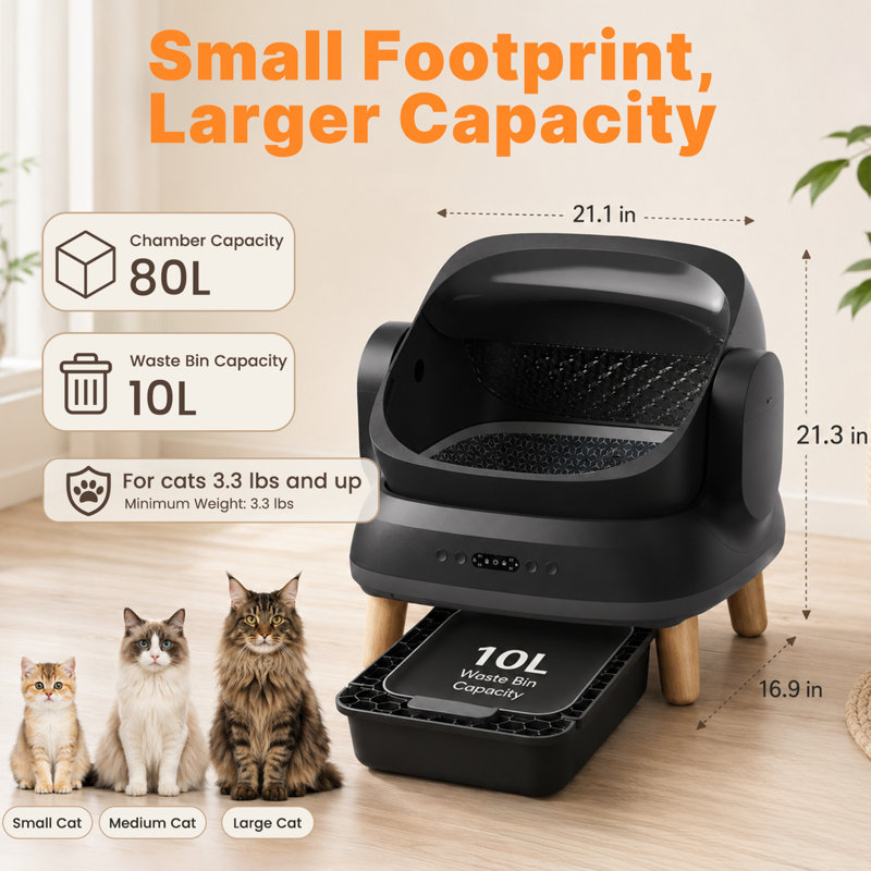 Litière à chat automatique, conception autonettoyante intelligente avec 3 sacs à litière et tapis de litière, contrôle des odeurs, facile à nettoyer pour les chats, couvercle ouvert