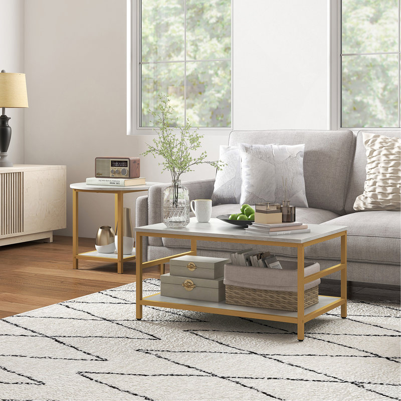 Coffee Tables Set Of 2, 2-Rier Rectangle And Round Coffee Table With Storage Shelves, Faux Marble Top And Steel Frame, Sofa Side Table For Living Room, White