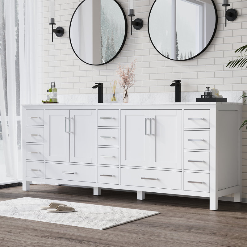 Meuble-lavabo de 84 po de largeur en bois massif avec comptoir en marbre et lavabo double, trou unique, Carrare blanc