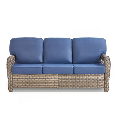 75.2" Outdoor Gray Wicker Patio Sofa with T Shape-Back Cushions and 5" Thick Foam, for Porch or Backyard, Blue