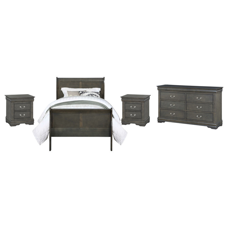 Ensemble de chambre à coucher Engstrom, Gris foncé, Double, 5 pièces : lit, commode, miroir, table de chevet