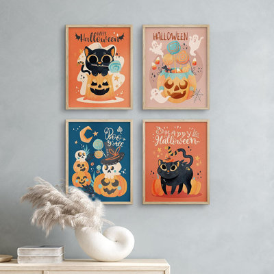 Halloween, Jack O 'Lantern, chat noir encadré sur papier, impression de 4 pièces