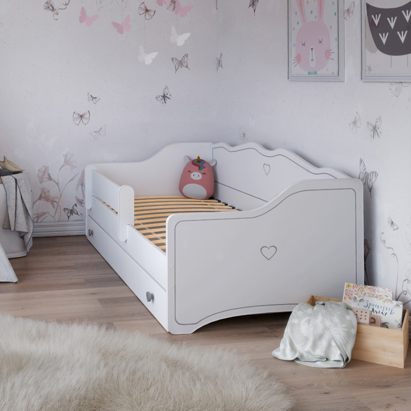 EMMA children's bed with drawer and rail, European Toddler (80 x 160cm), White/Grey