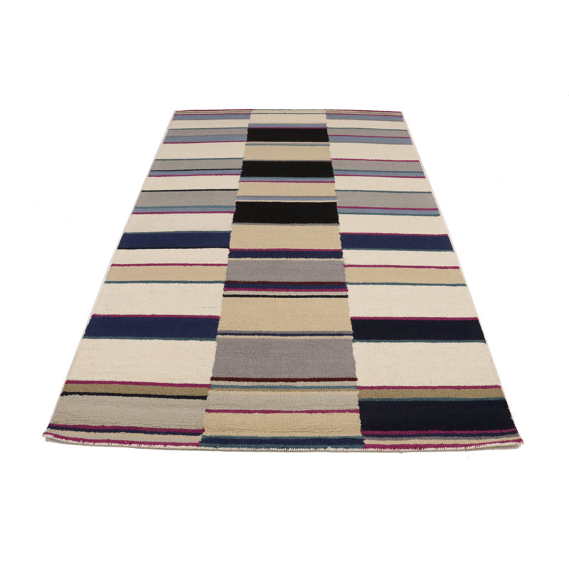 Tapis moderne multicolore rayé 5 x 8 touffeté à la main