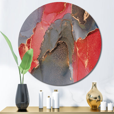 Gris et rouge, art abstrait fluide de luxe - cercle moderne en métal, art mural