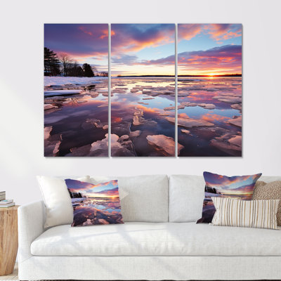 Winter Sunset Over Icy Forest River - Sunset Wall Art Living Room Set