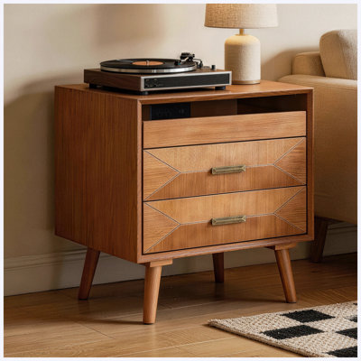 Table de chevet 24 po en bois avec station de charge intégrée, 2 tiroirs et tablette ouverte, ports USB / Type-C pour la chambre à coucher et le salon