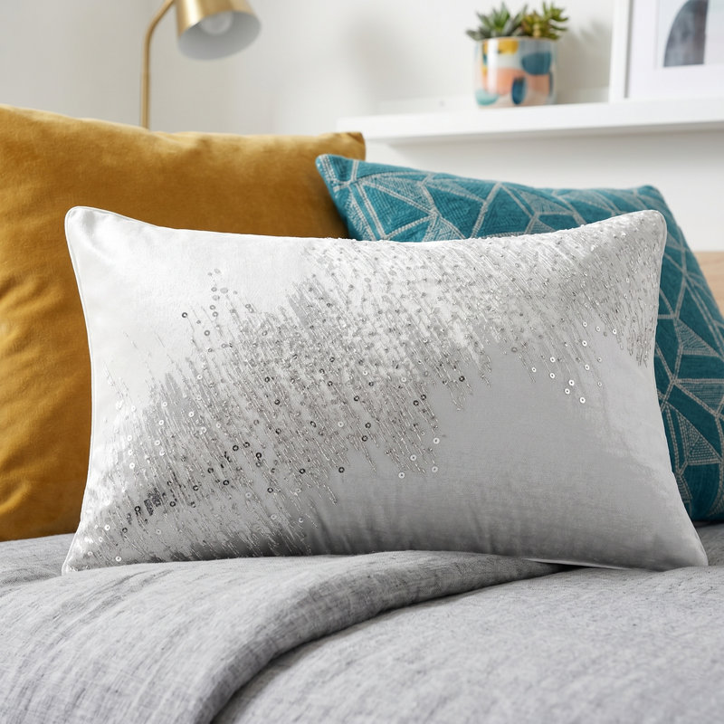 Housse de coussin en polyester à paillettes, Ivoire / Argent, polyester