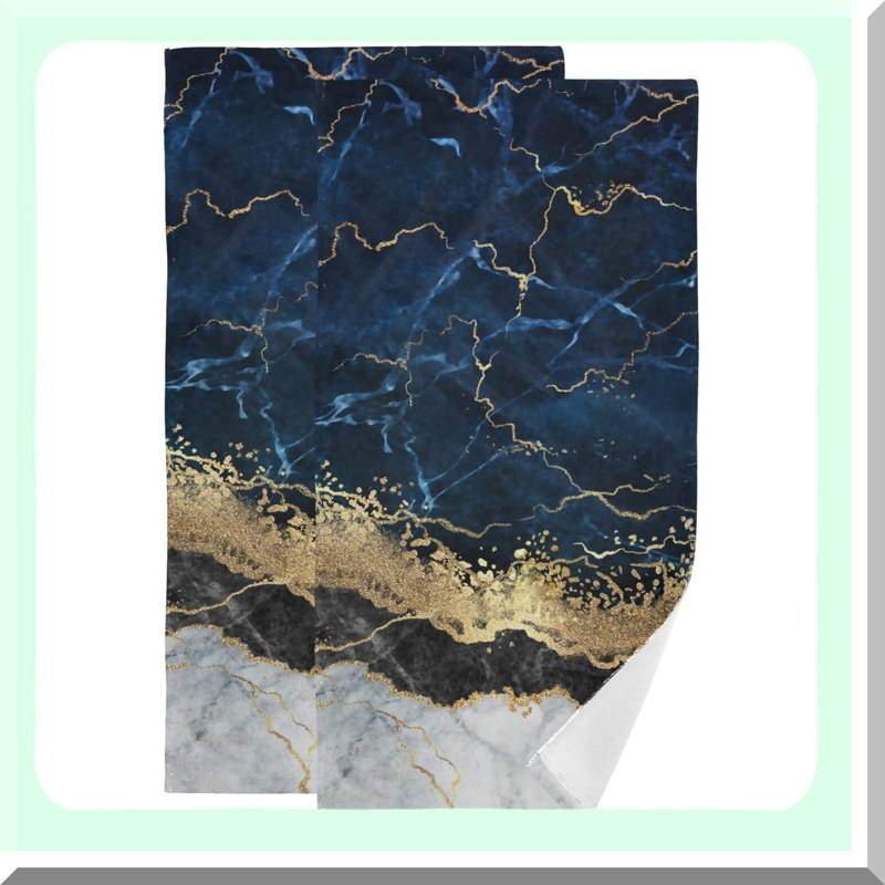 Golden Vein Navy Blue Cotton Bath Towels - Set of 2, Decorative and Absorbent, 28x14in Soft Hand Towels for Bathroom