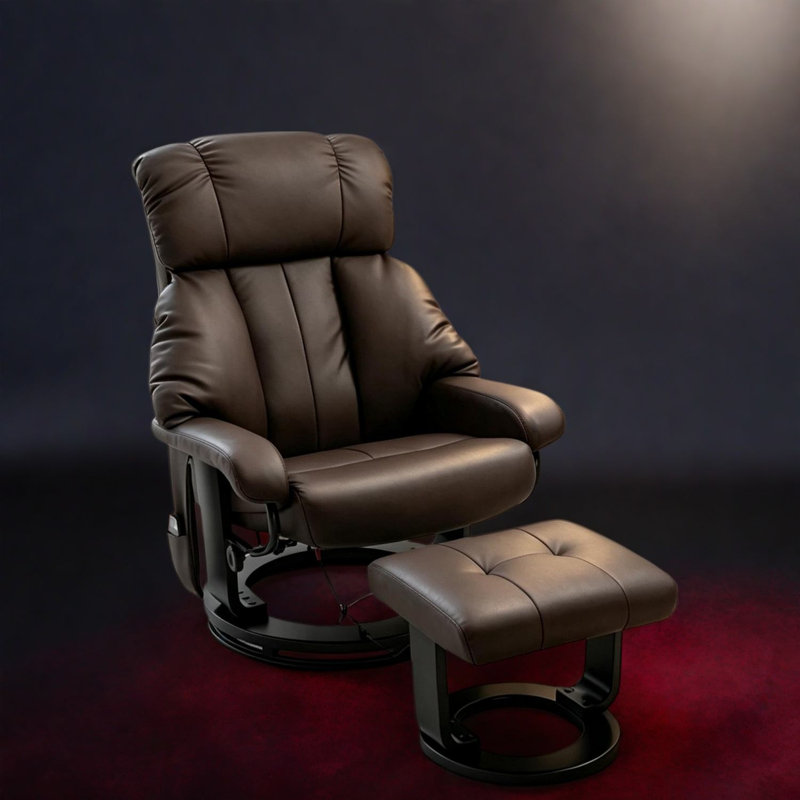 Fauteuils de massage pivotants avec repose-pieds, revêtement en cuir PU, base en bois, style cinéma moderne, Brun