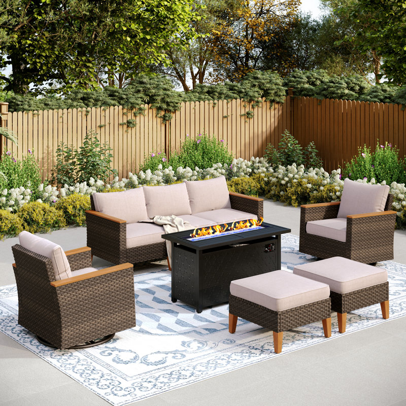 Argyri Outdoor Wicker Patio Conversation Furniture Set With Swivel Chairs And Firepit Table