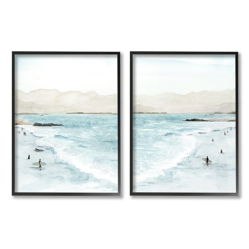 Paysage de plage à marée haute, H 11 po x l 28 po, Giclée encadrée noir minuit