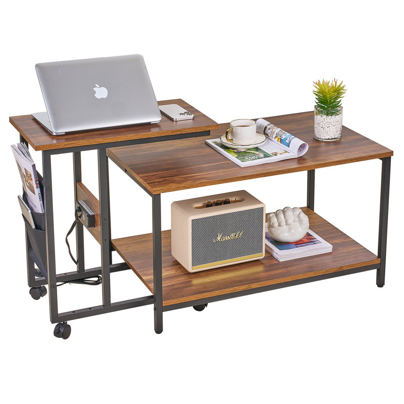 Summerall Nesting Coffee Table Set Of 2, Rectangle Center Table And C Shaped End Table With Charging Station & Side Pouch For Living Room, Bedroom Small Space