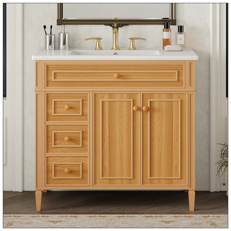 Tiroirs de meuble-lavabo en bois avec poignées en bois d'hévéa