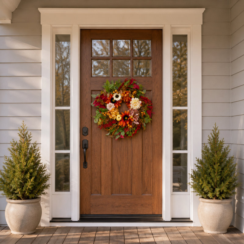Couronne de 24 po pour la porte de l'Action de grâce avec tournesols artificiels fleurs d'automne