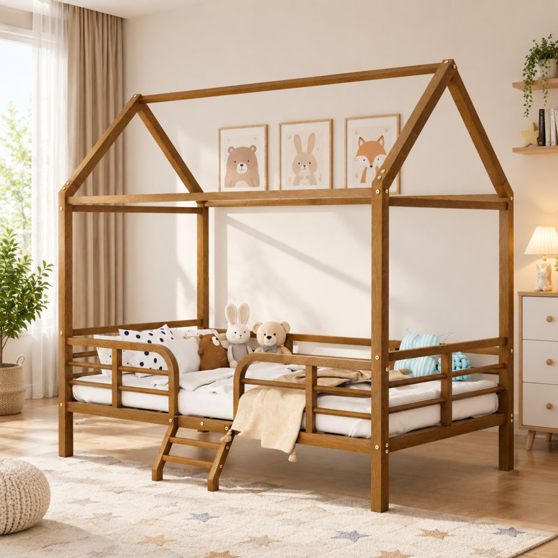 Structure de lit simple avec garde-corps et échelle, Brun