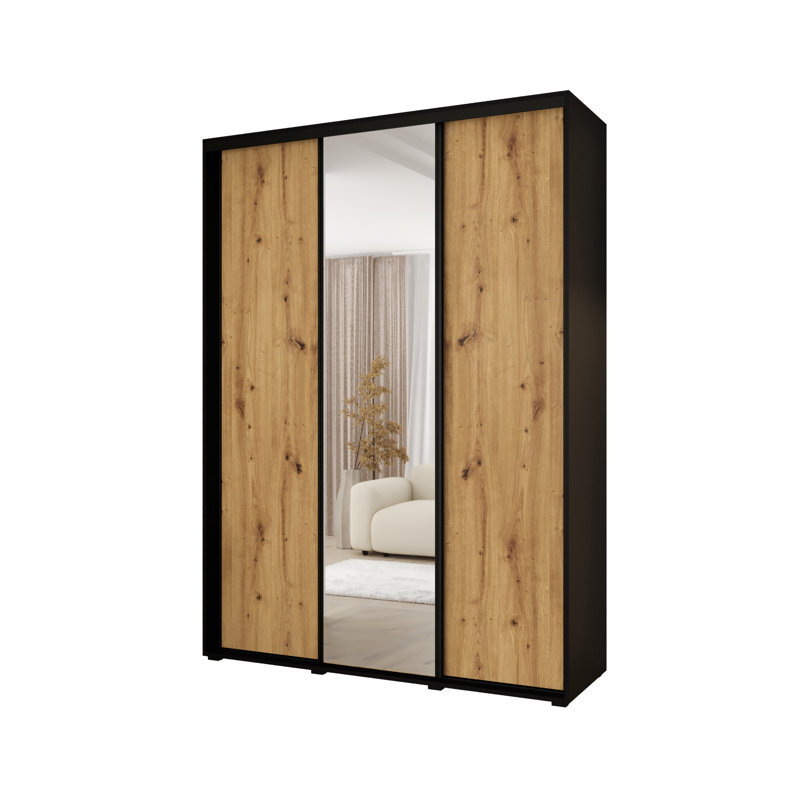 3 Door Manufactured Wood Wardrobe, 235.2cm H x 180cm W x 45cm D, Natural/Black