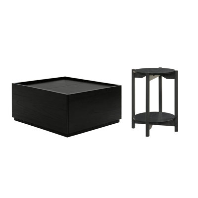 Ensemble de 2 tables basses carrées de rangement et table d'appoint ronde, ensemble de table de salon en bois de style transitionnel avec 2 tiroirs latéraux et table d'appoint ouverte