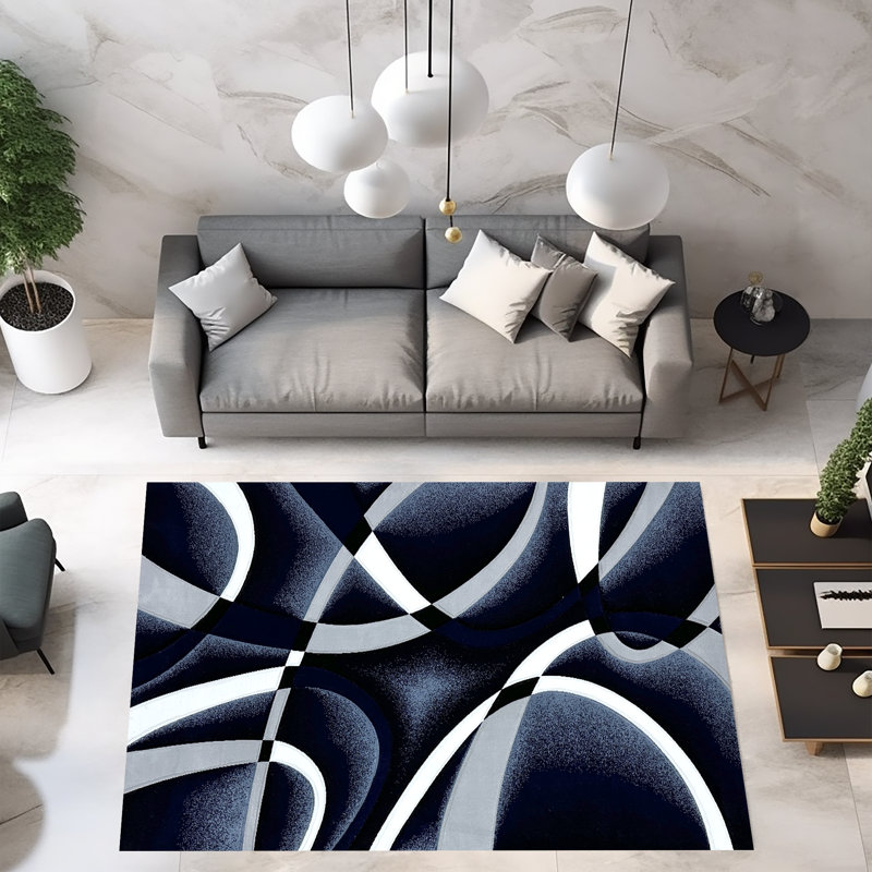 Tapis abstrait McCampbell, Rectangulaire 2 pi x 3 pi, Navy Blue/White/Grey