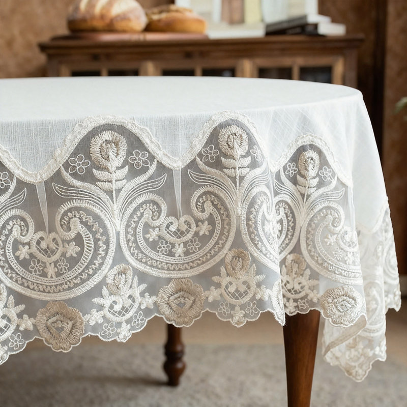 Lace rectangular tablecloth, clear embroidered kitchen holiday decoration fabric, 52 x 70 inches (Beige, oval shape)