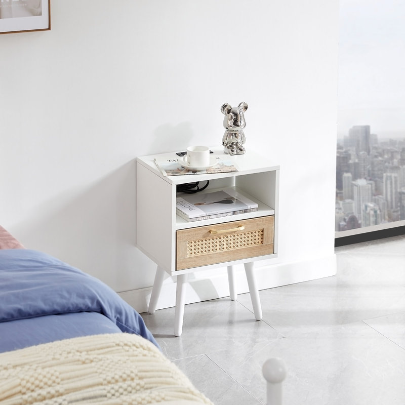 Table de bout en rotin de 5,75 po avec tiroir et pieds en bois massif, table de chevet moderne, table d'appoint pour le salon et la chambre à coucher