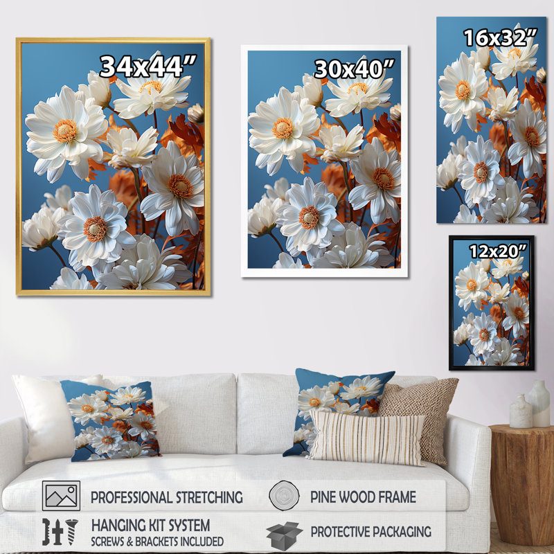 «White and Orange Daisy Floweret Delight», reproduction sur toile, Cadre simple blanc, H 32 po x l 16 po x P 1 po