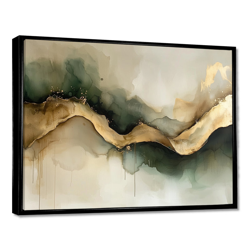 Abstrait encre liquide abstraite Fight Of Emerald II - Art abstrait encre liquide, H 34 po x l 44 po, Cadre flottant, Noir