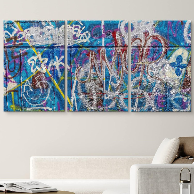 Multicolore 3 pièces Graffiti et art urbain bleu, H 36 po x l 72 po x P 1,5 po