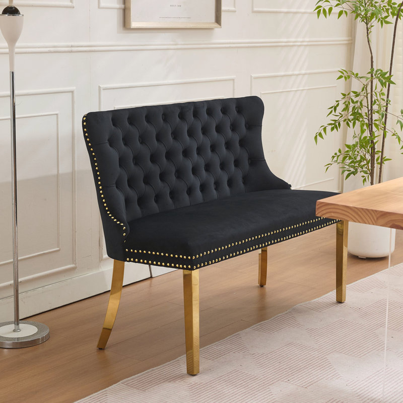 Banc de salle à manger en velours capitonné avec pieds plaqués or, banc Mid-Century moderne, 2 places, noir, Noir, Doré