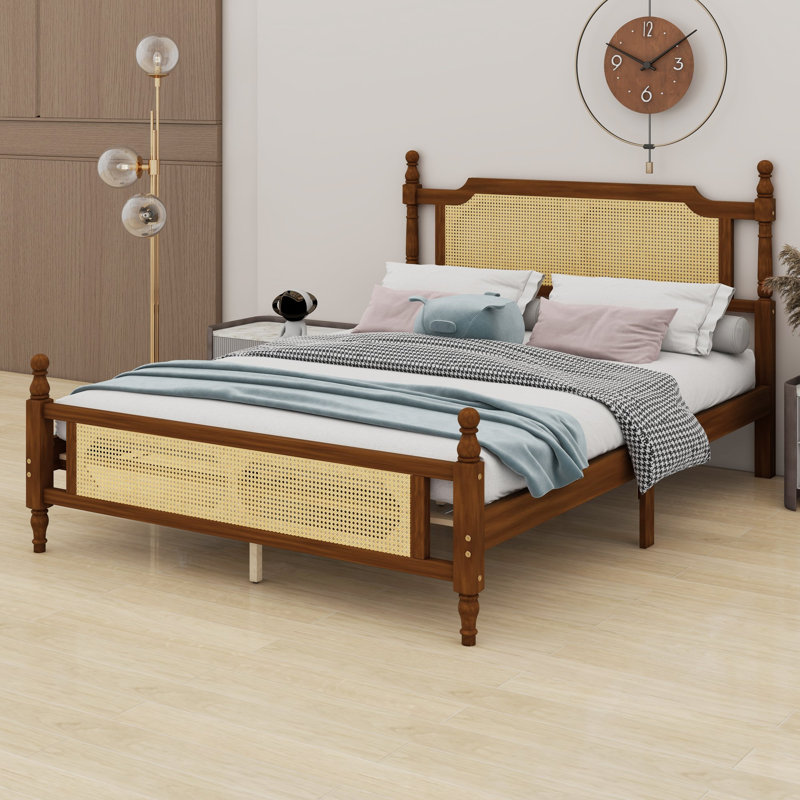 Base de lit en bois avec tête de lit en rotin, Grand, Noyer
