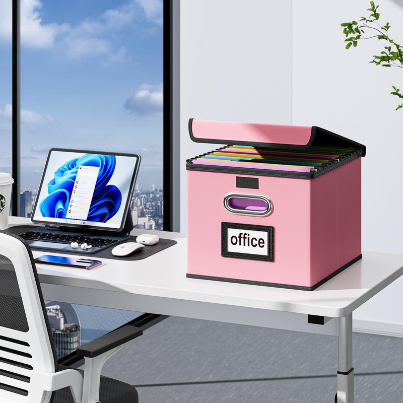 Pink Leather Collapsible File Organizer Box with Lid
