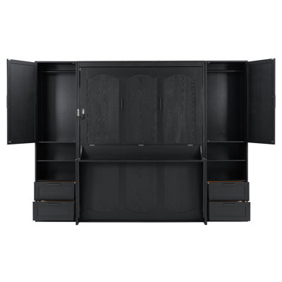 Grand lit escamotable mural avec placard, tiroirs et tablettes, placard en chêne, noir