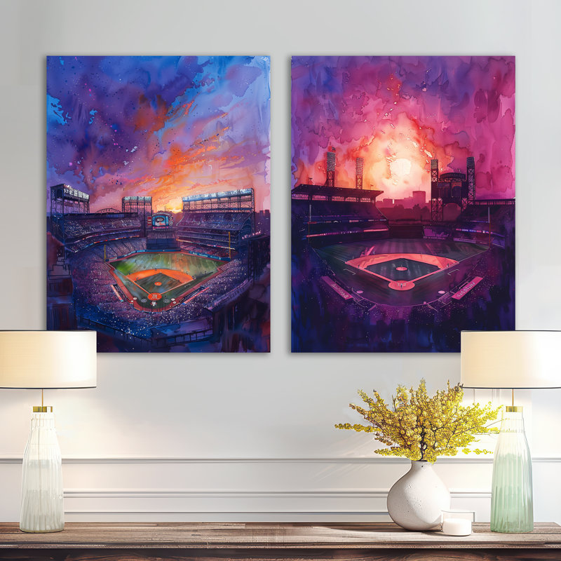 Stade de baseball mauve orange - nuit I - ensemble de 2 décorations murales en métal, 32" H x 48" W