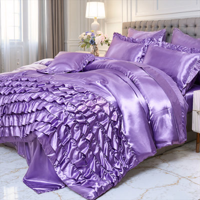 Purple Satin Comforter Set Queen Size 8 Pieces Satin Bed in a Bag Farmhouse Shabby Chic Girls Waterfall Ruffle Comforter Set Luxury Silky Bedding Set for Bedroom Decor