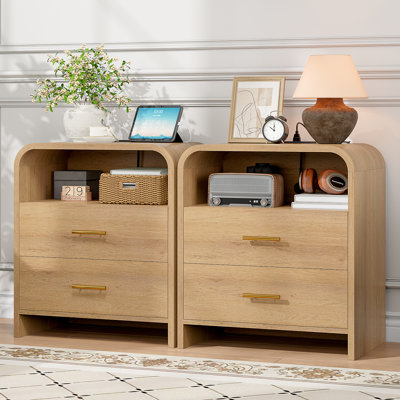 2 Drawers Nightstand Set, Mid Century Modern Bedside Table With Charging Station, 23.6'' Wide Wood End Table For Bedroom, Curved Profile Design, Oak (Set Of 2)