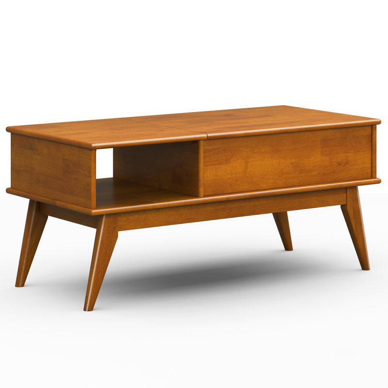 Table basse de style Mid-Century moderne en bois massif avec compartiment de rangement, tablette ouverte et pieds en angle Draper