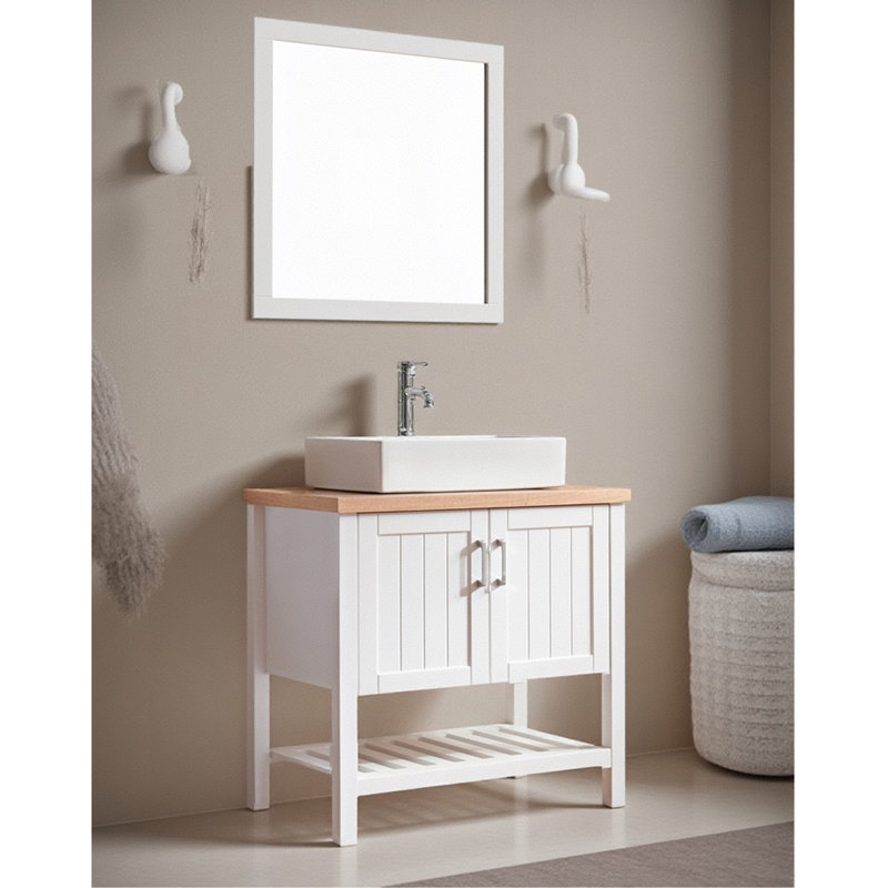 Meuble-lavabo 32 po avec lavabo, meuble-lavabo simple avec portes et tablette ouverte, petit meuble-lavabo en bois massif avec lavabo, blanc + naturel