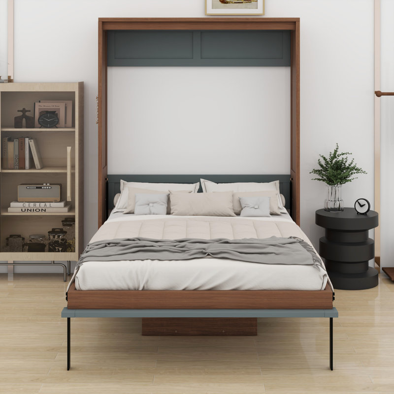 Multi-Functional Wall Bed with Foldable Desk, Murphy Bed Space Saving Solution, Walnut/Gray