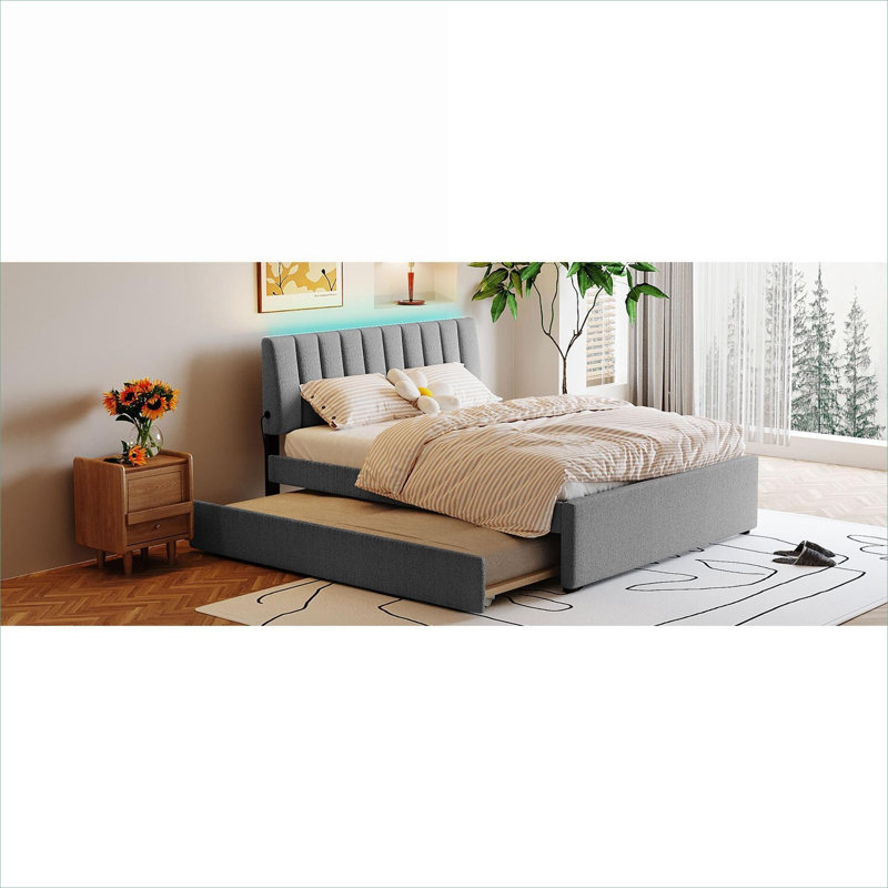 Lit plateforme tapissier grand avec lit gigogne simple TG et gris ardoise avec éclairage DEL intelligent, Grey